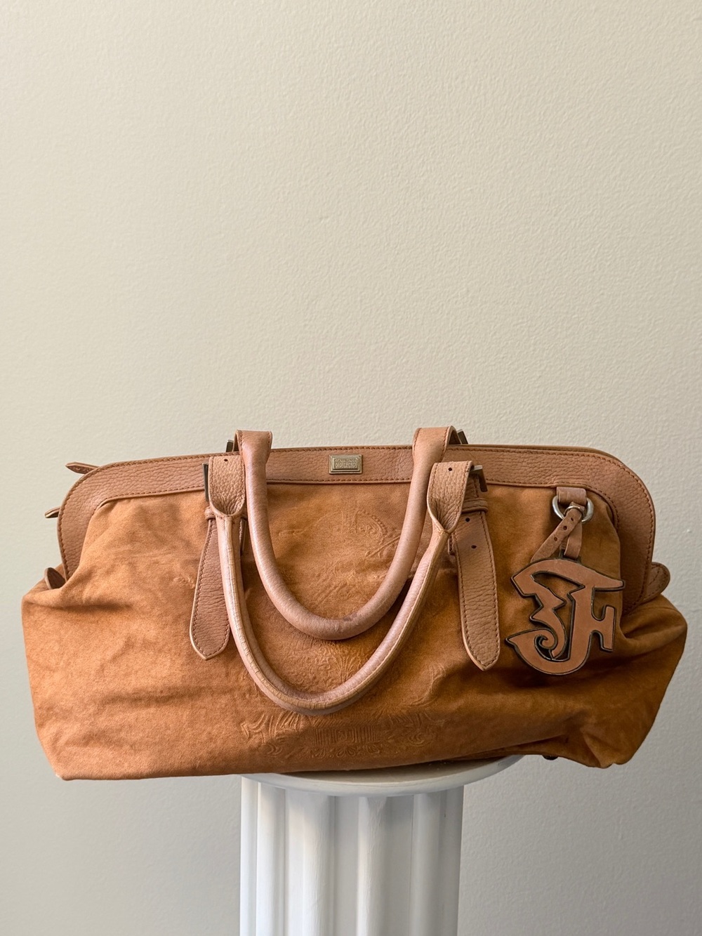 Vintage Gianfranco Ferre Tan Suede Shoulder Tote Bag with Buckle Straps